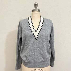 SANDRO Sweater Gray V-Neck Cashmere Wool Stretch Pullover Varsity